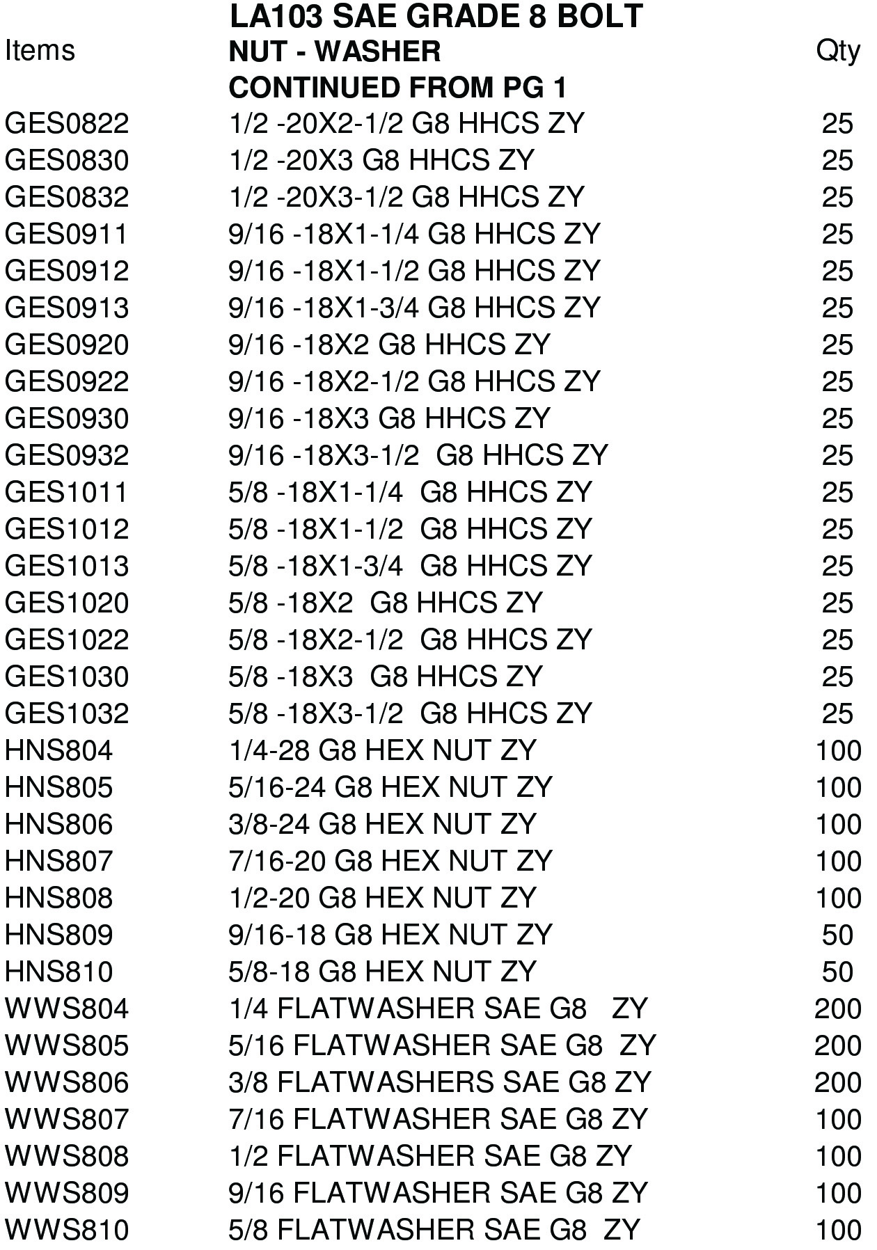 LA103 ASSORTMENT SAE GRADE 8 BOLT - NUT WASHER